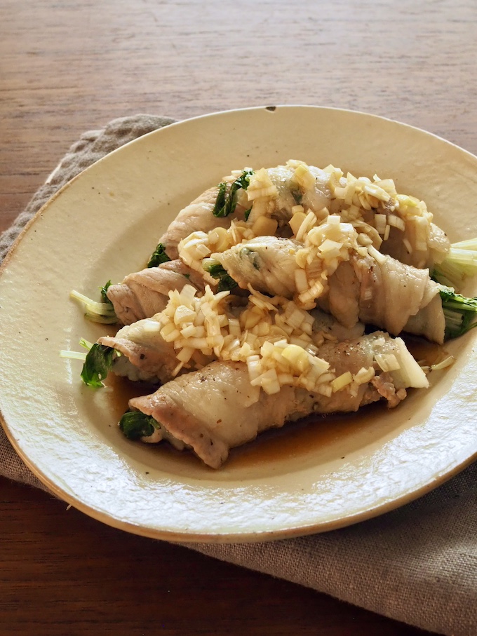 レンジで水菜の肉巻き~ねぎポンダレ~