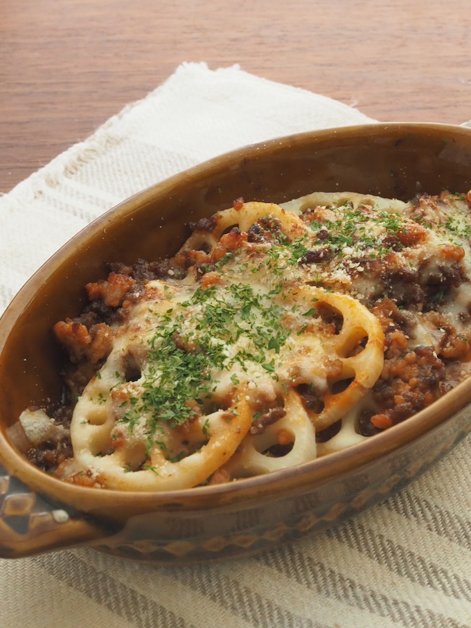 ひき肉とれんこんのチーズ焼き